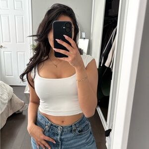 Garage White Scoop Neck Cap Sleeve Crop Top